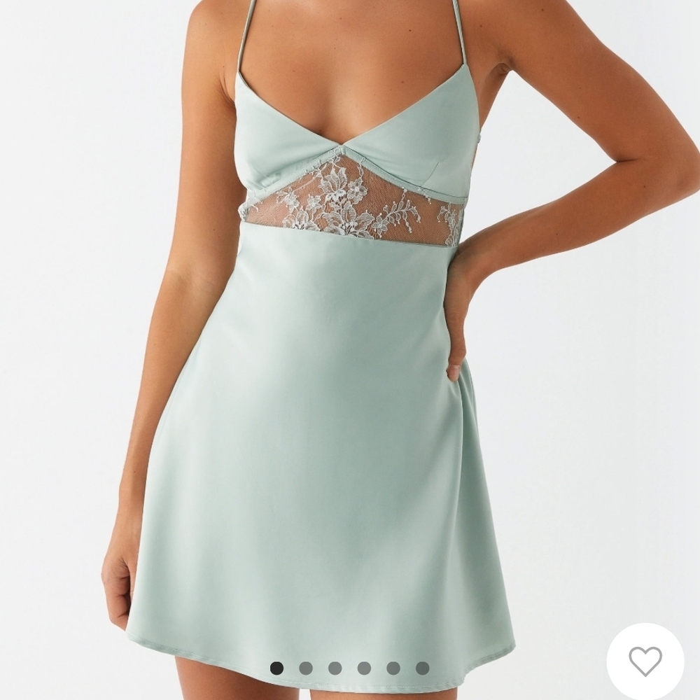 Elegant Lace Trim Satin Dress- Mint